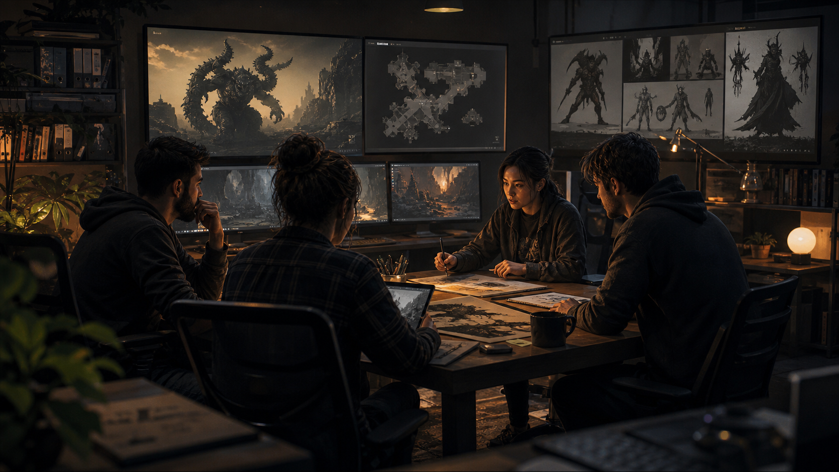 Misiori Studios team reviewing creature and level designs