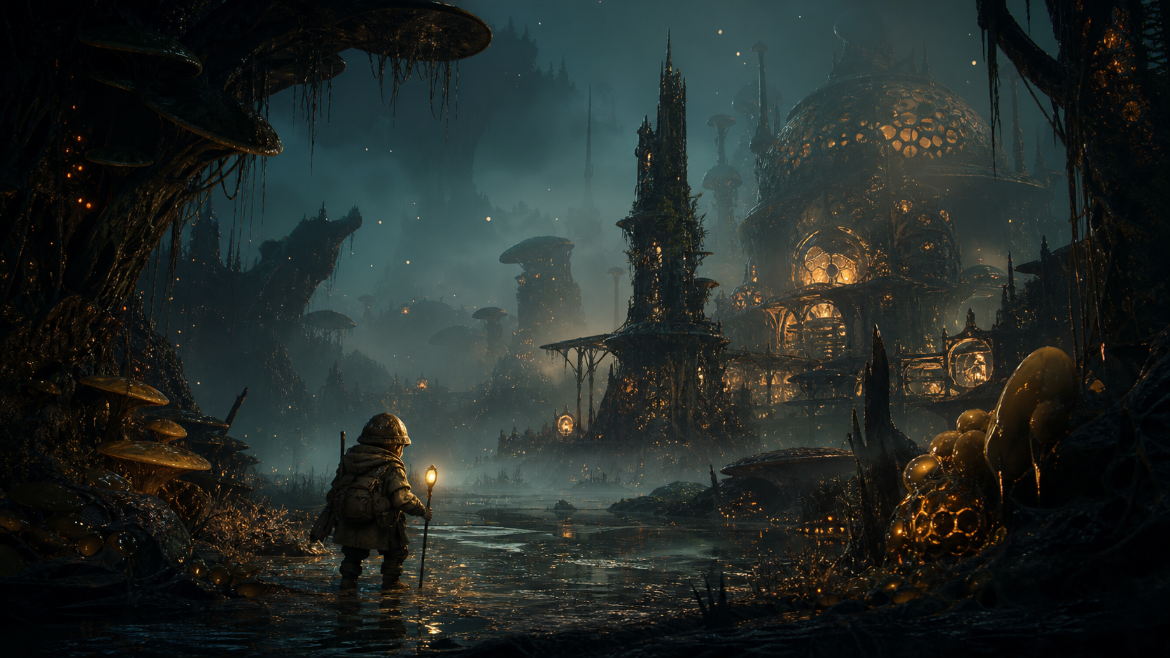A lone explorer crossing a glowing fungal wetland